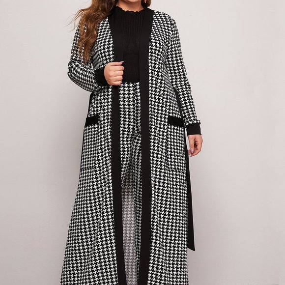 Black Casual Womens Patch Pocket Belted Houndstooth Coat & Leggings Set - Picture 1 of 5